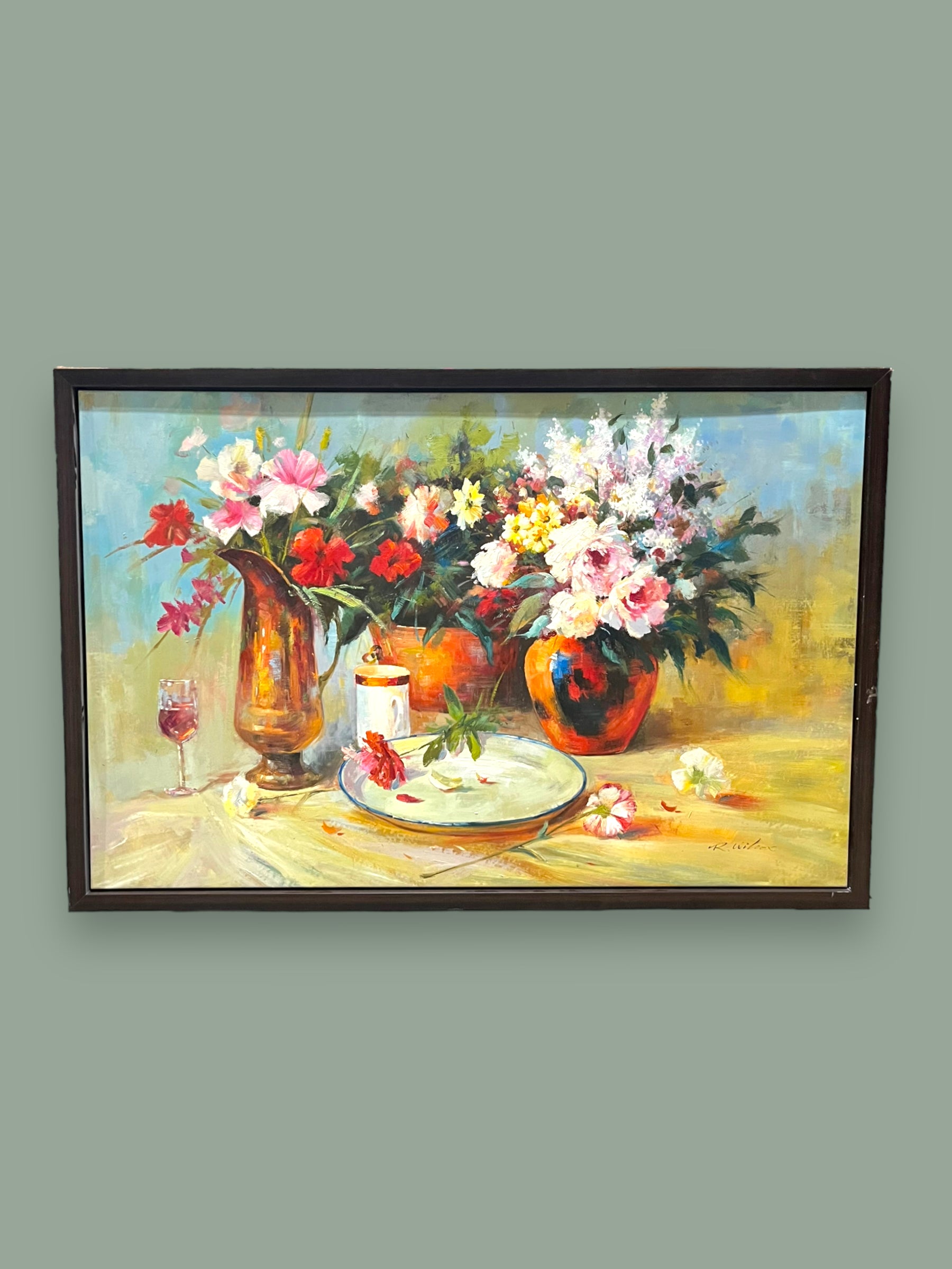 Lovely large original work, oil on canvas - Still Life, signed R. Wilcox 46 x 70 inches