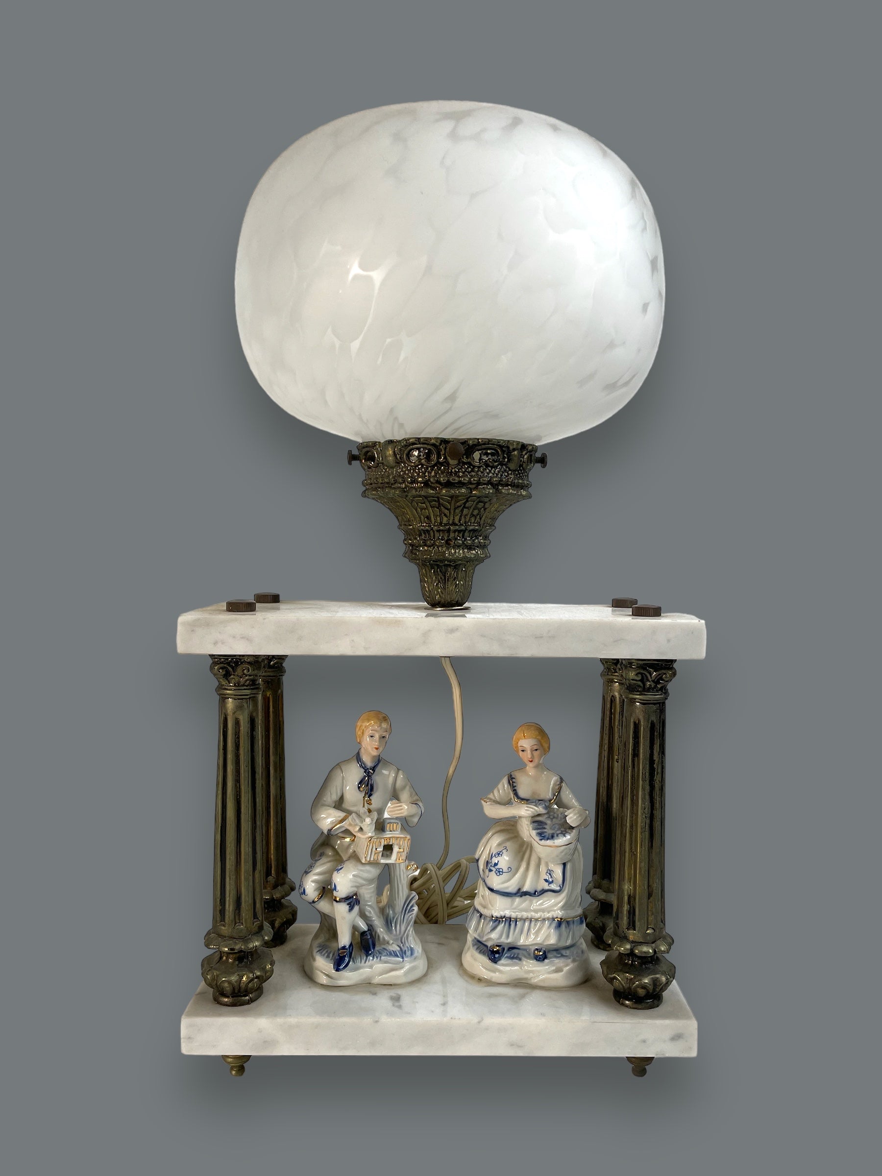 Vintage Murano Lamp featuring delicate Porcelain Collectible Figurines Marble Stand