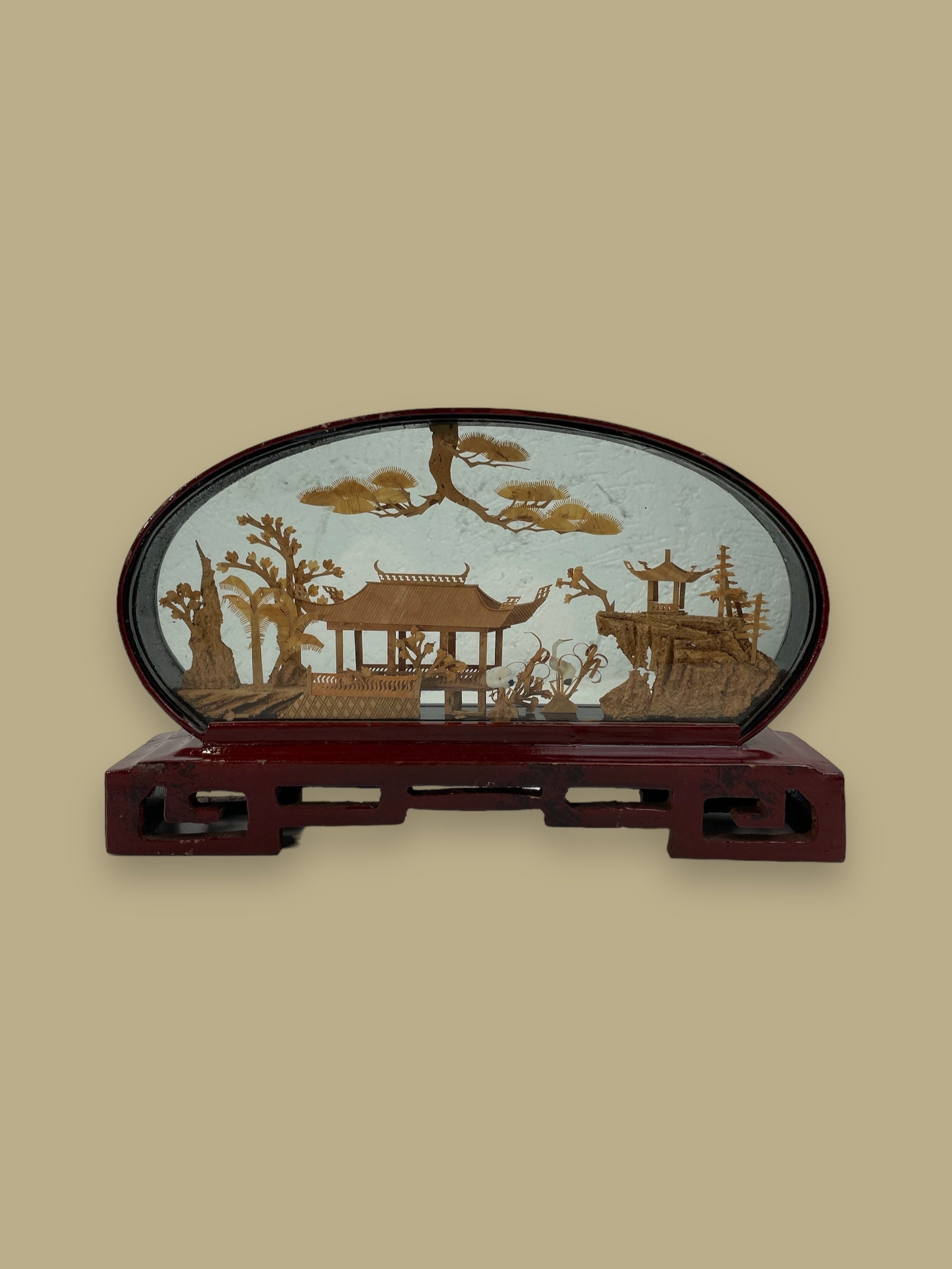 Vintage Hand Carved Asian Cork Diorama in Display Case 10 inches