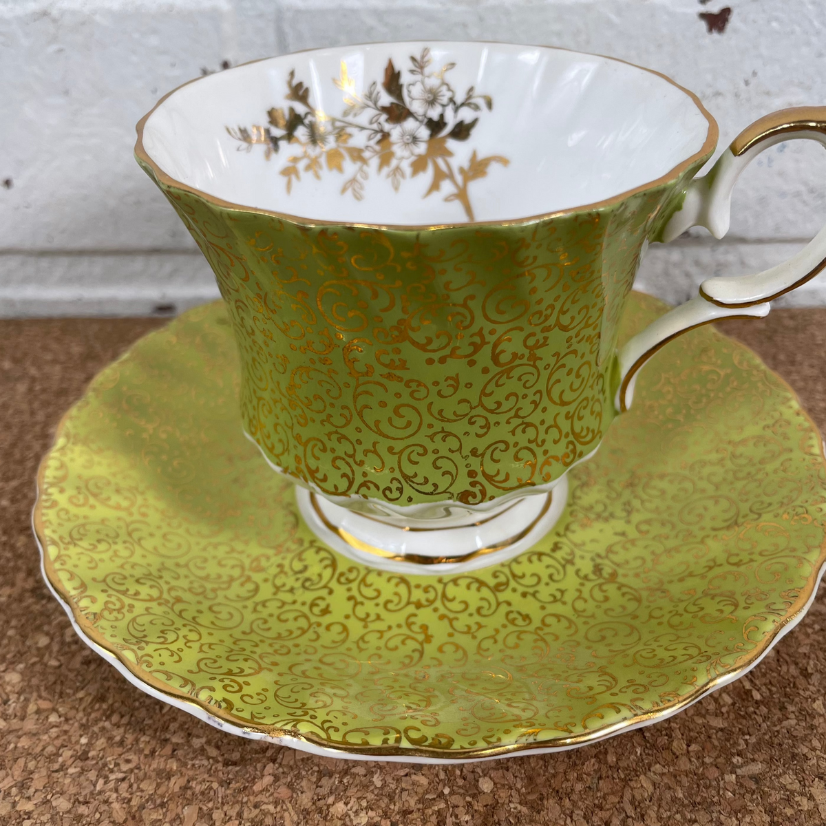 1960s RARE Queen Anne Bone China Teacup Saucer, Green and Gold
