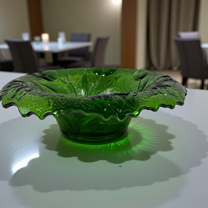Vintage 1930s Green Depression Glass Bowl – 13″ Ruffled Edge “Tulip” Pattern