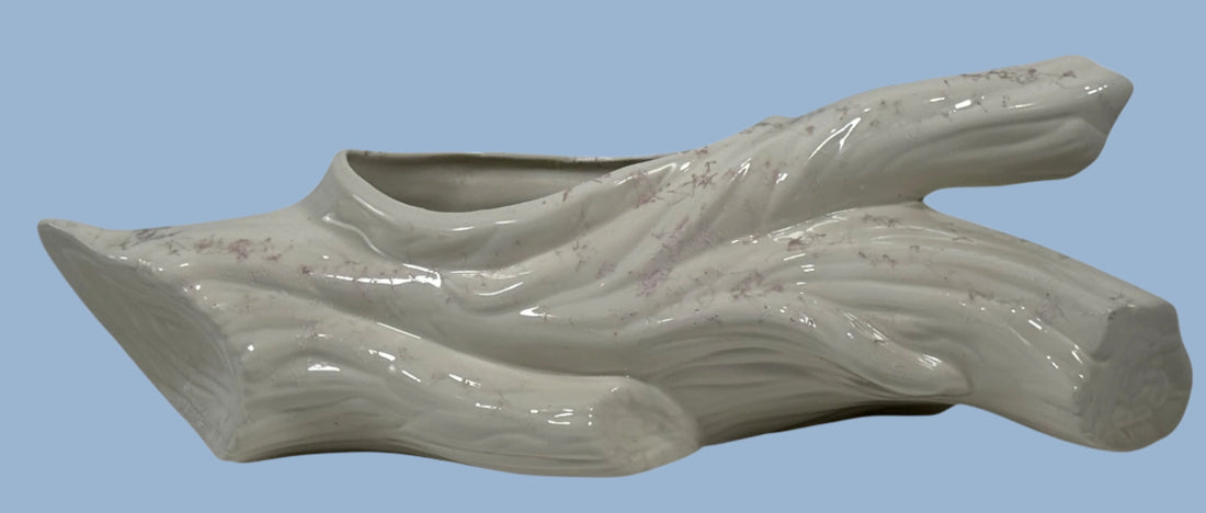 Jardinière vintage en céramique et bois flotté – Forme de bûche abstraite du milieu du siècle – Veines roses