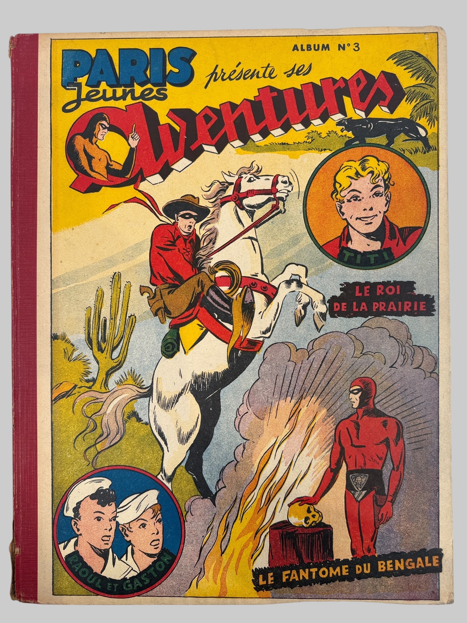 Vintage comic book cover with a cowboy on horseback and other characters, featuring text in French.