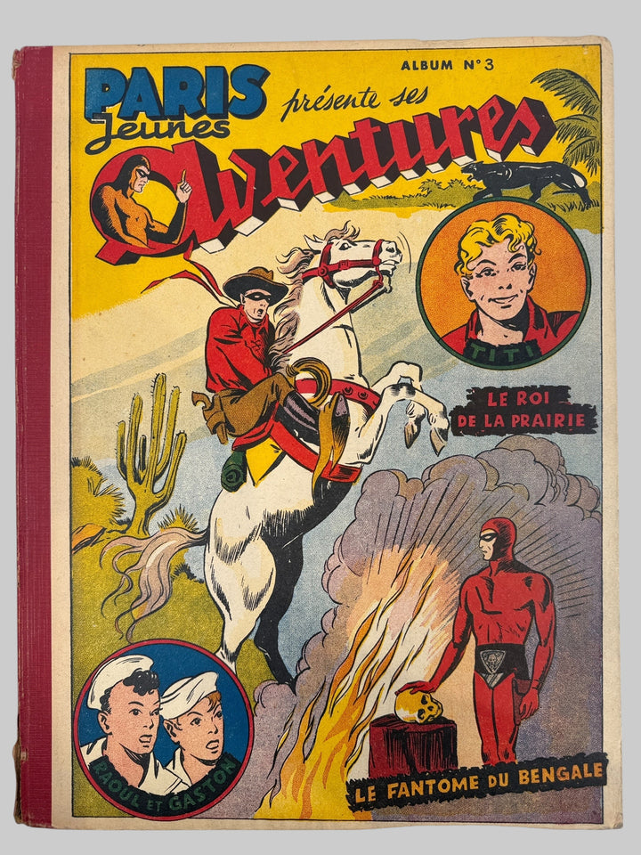 Vintage comic book cover with a cowboy on horseback and other characters, featuring text in French.