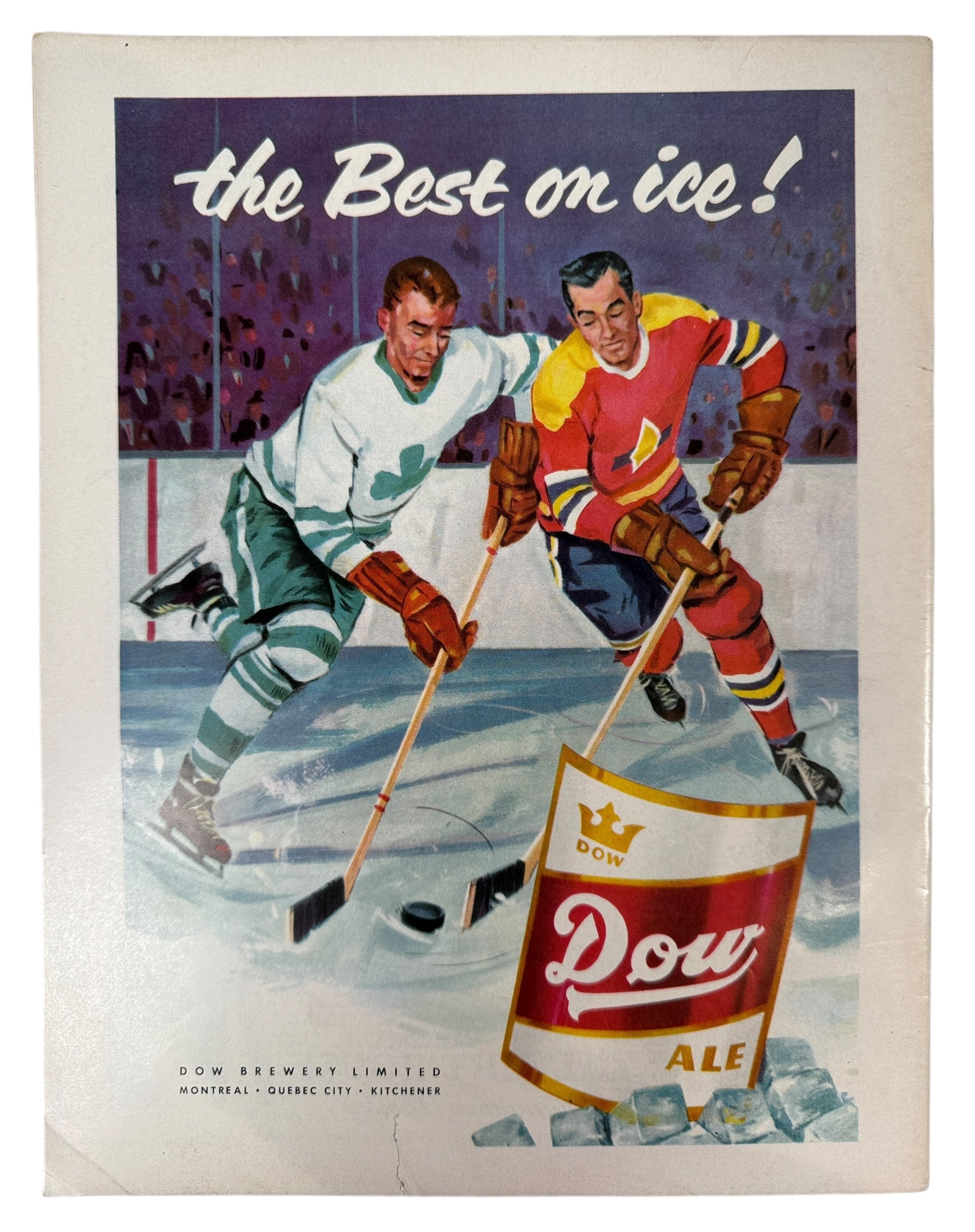 Vintage advertisement for Dow Ale featuring two hockey players on ice.