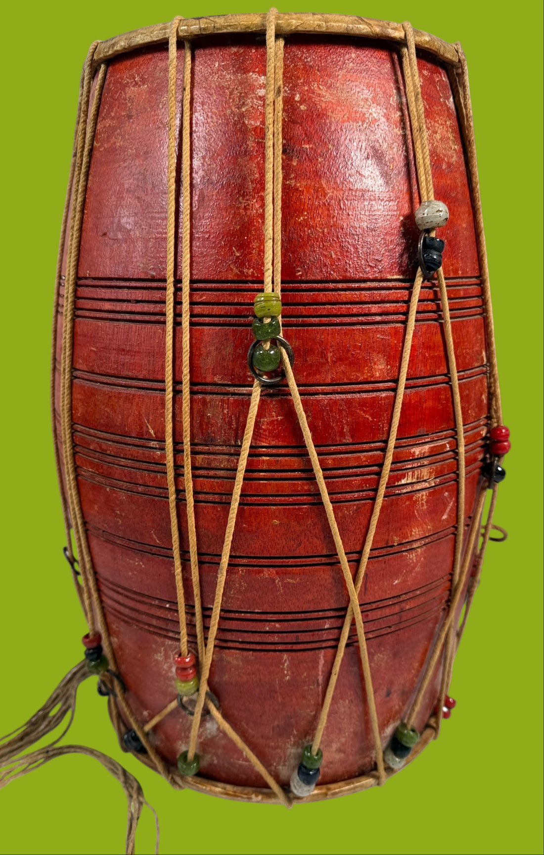 Vintage Handmade Indian Dholak Barrel Drum – Red Lacquer Finish, Rope-Tuned