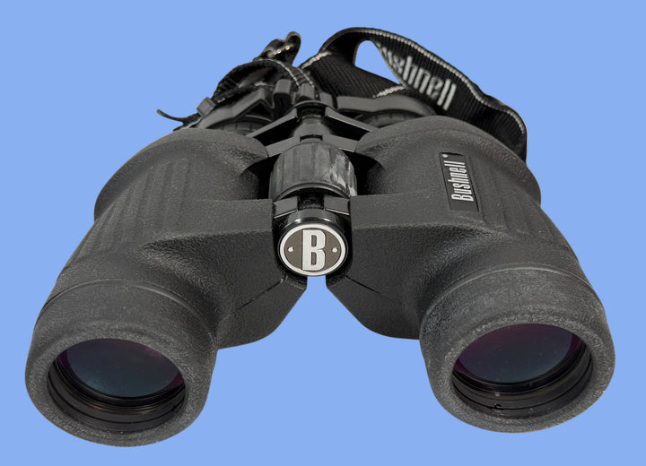 Black binoculars with a brand logo on a white background
