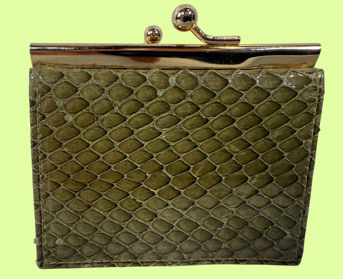 Hot Renfrew, Green textured clutch with gold clasp on a white background
