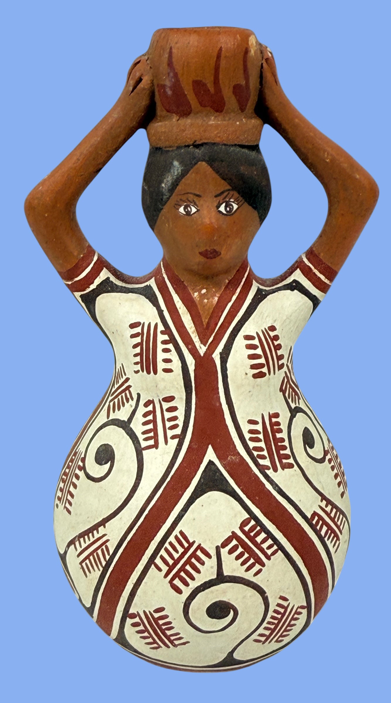 Figurine en poterie folklorique artisanale – Barro Guiboreño Loera Venezuela 1986 – Femme avec pot de 12,7 cm