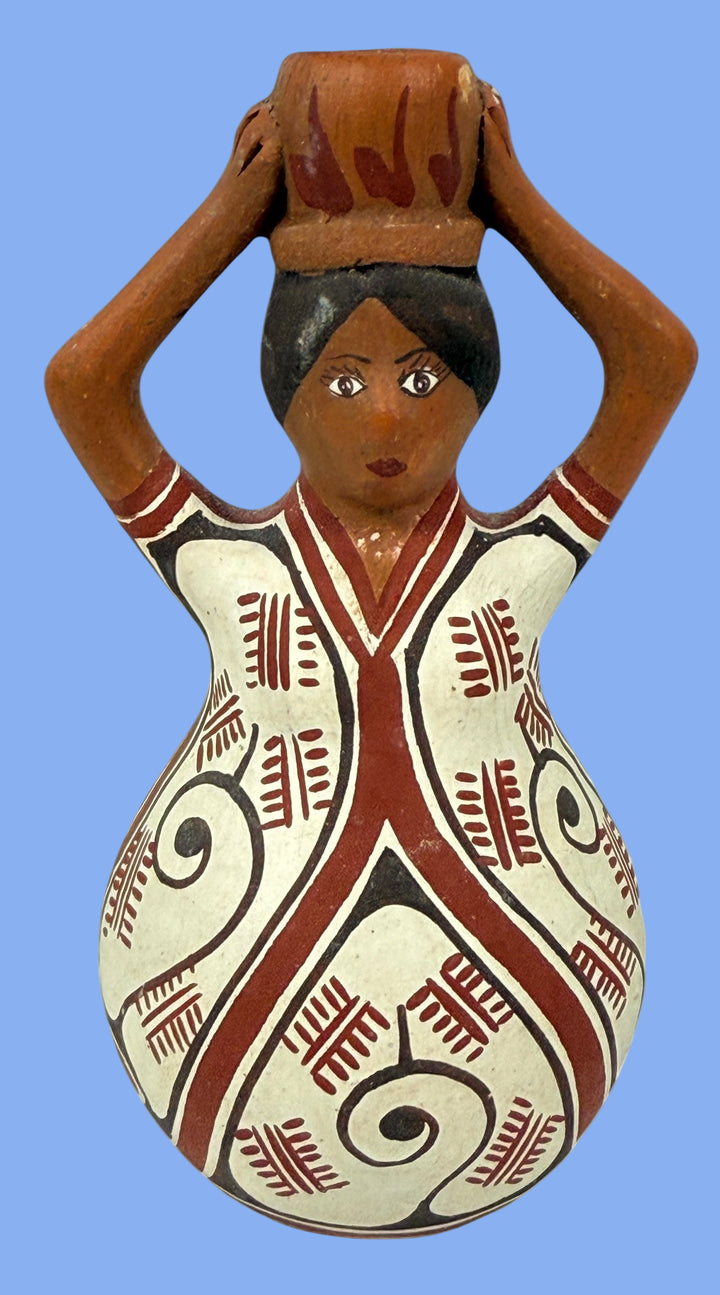 Figurine en poterie folklorique artisanale – Barro Guiboreño Loera Venezuela 1986 – Femme avec pot de 12,7 cm