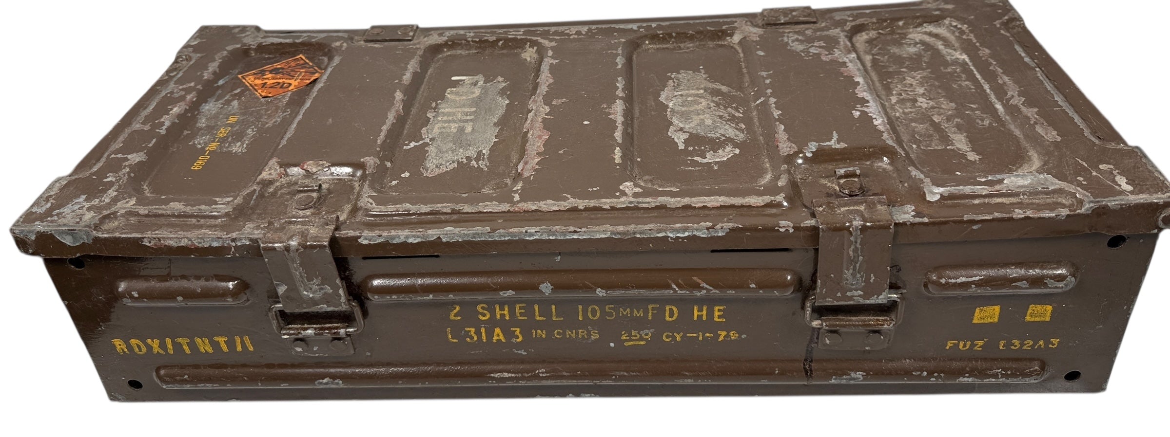 Vintage ammunition crate with text and markings on a white background