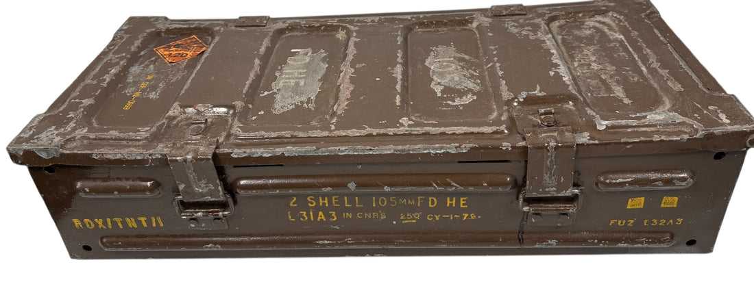 Vintage ammunition crate with text and markings on a white background