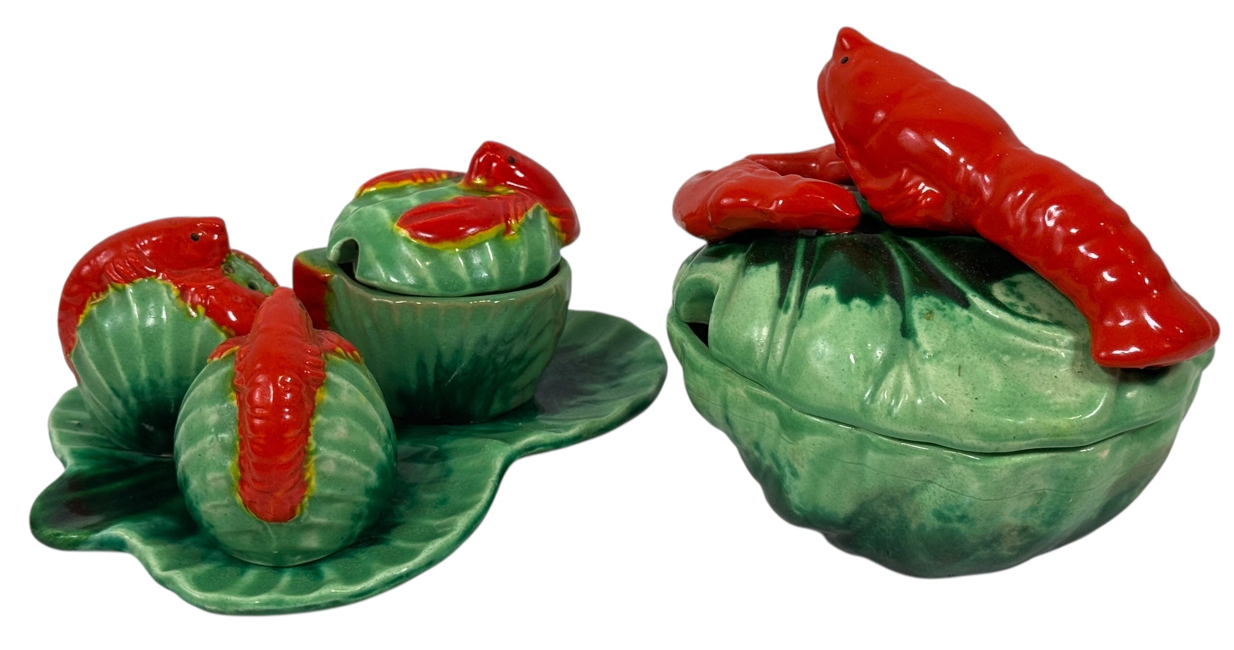 Vintage Hand-Painted Lobster Ceramic Dish – Green Shell Base & Red Lobster Relief (Japan, c.1950s)