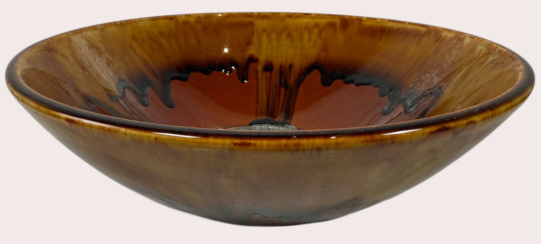 Large 12” Drip-Glaze Pottery Bowl – Amber & Espresso Mid-Century Style