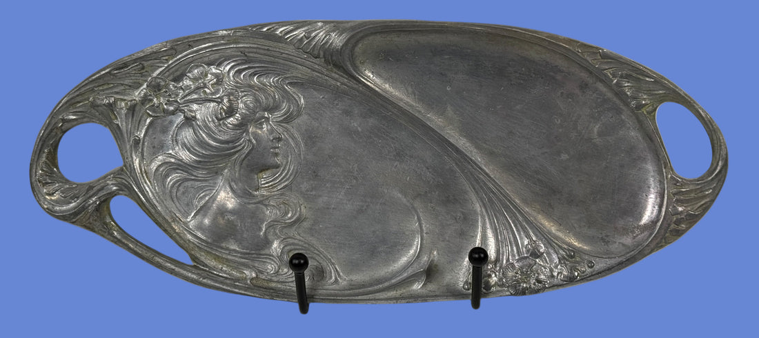 French Art Nouveau Vanity Tray “Lady with Lilies” – Fabrication Française Paris, c.1900