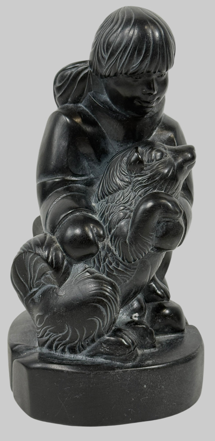 Signed BOMA Canada soapstone carving by McPhee, “Boy with Dog” Inuit-style polished black stone sculpture