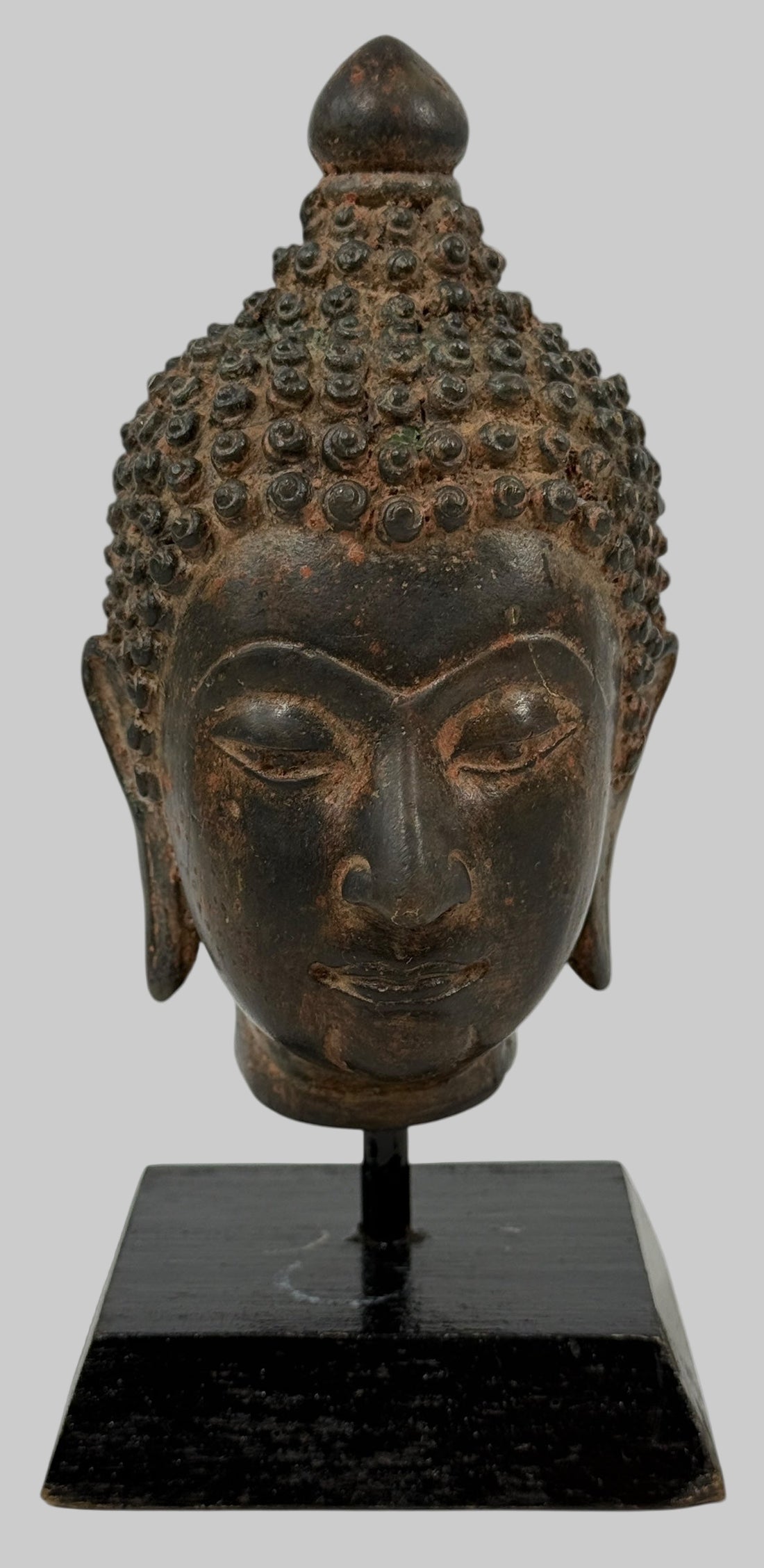  Bronze Buddha Head Sculpture on Stand – Mid-Century Thai Style