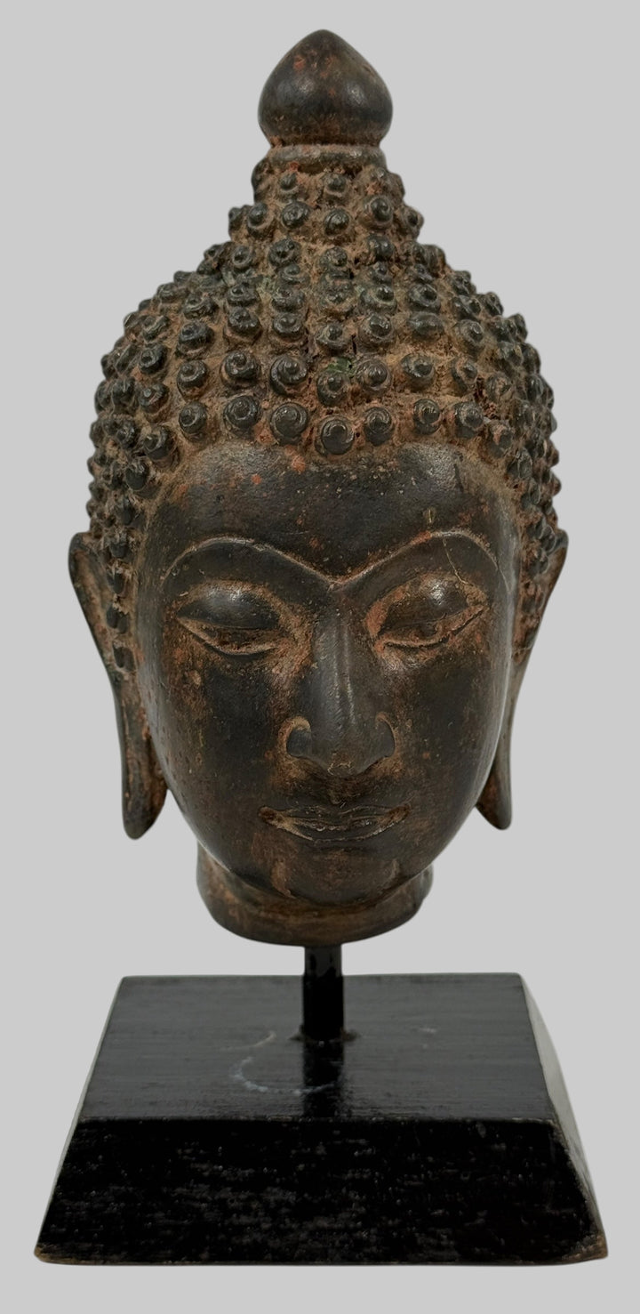  Bronze Buddha Head Sculpture on Stand – Mid-Century Thai Style