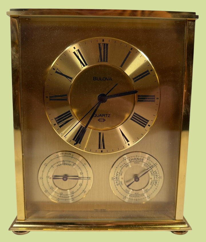  Bulova Brass Quartz Desk Clock with Thermometer & Barometer 