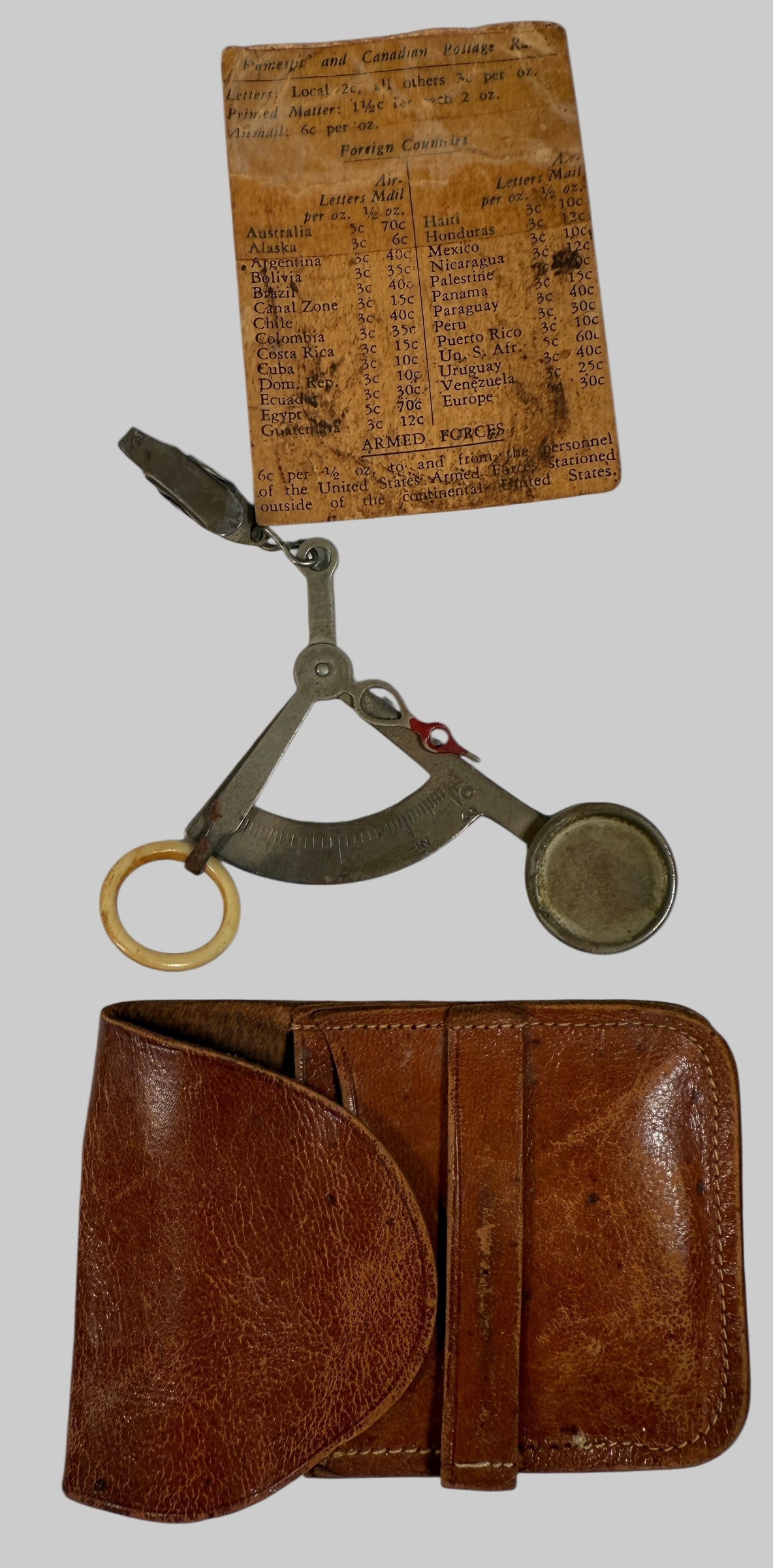 WWII-Era U.S. Postal Rate Card & Handheld Letter Scale – Metal with Original Chart