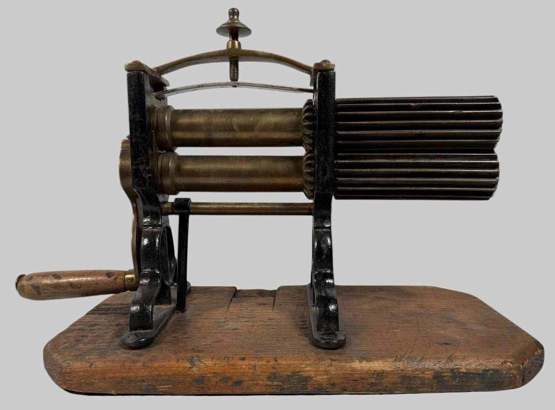 Antique 19th-century brass &amp; iron fluting iron pleater with wood base. Beautiful Victorian textile tool—collector’s décor from Eco Depot Montreal.