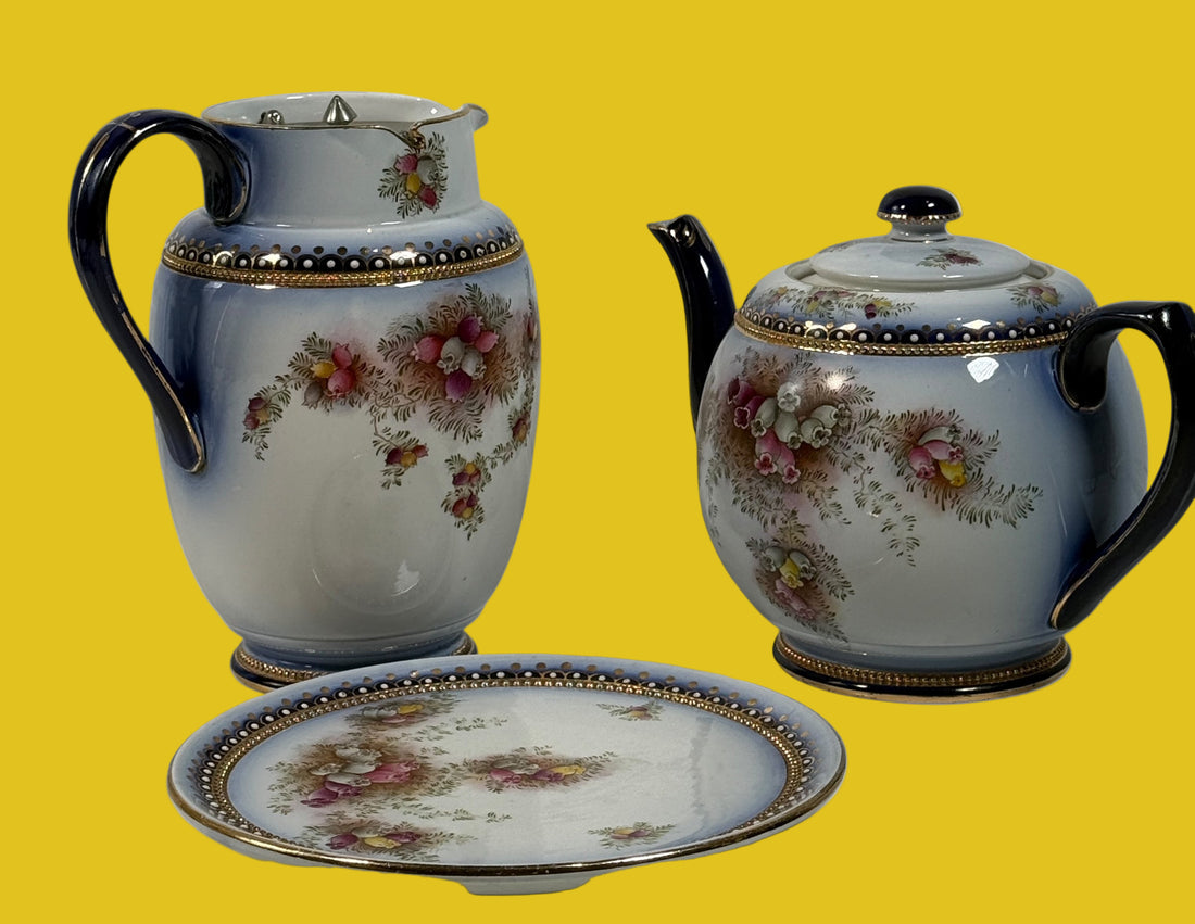 Antique W&amp;R Carlton Ware tea set RN 488460 – hand-painted cobalt floral gilt trio, Stoke-on-Trent England, 1910–1925, genuine silver-lined teapot.