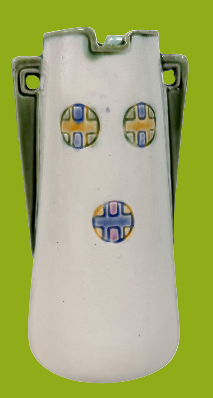 Unmarked Art Nouveau ceramic vase with twin handles &amp; raised berry motif, model 41243, circa 1900s. Elegant European collectible décor.