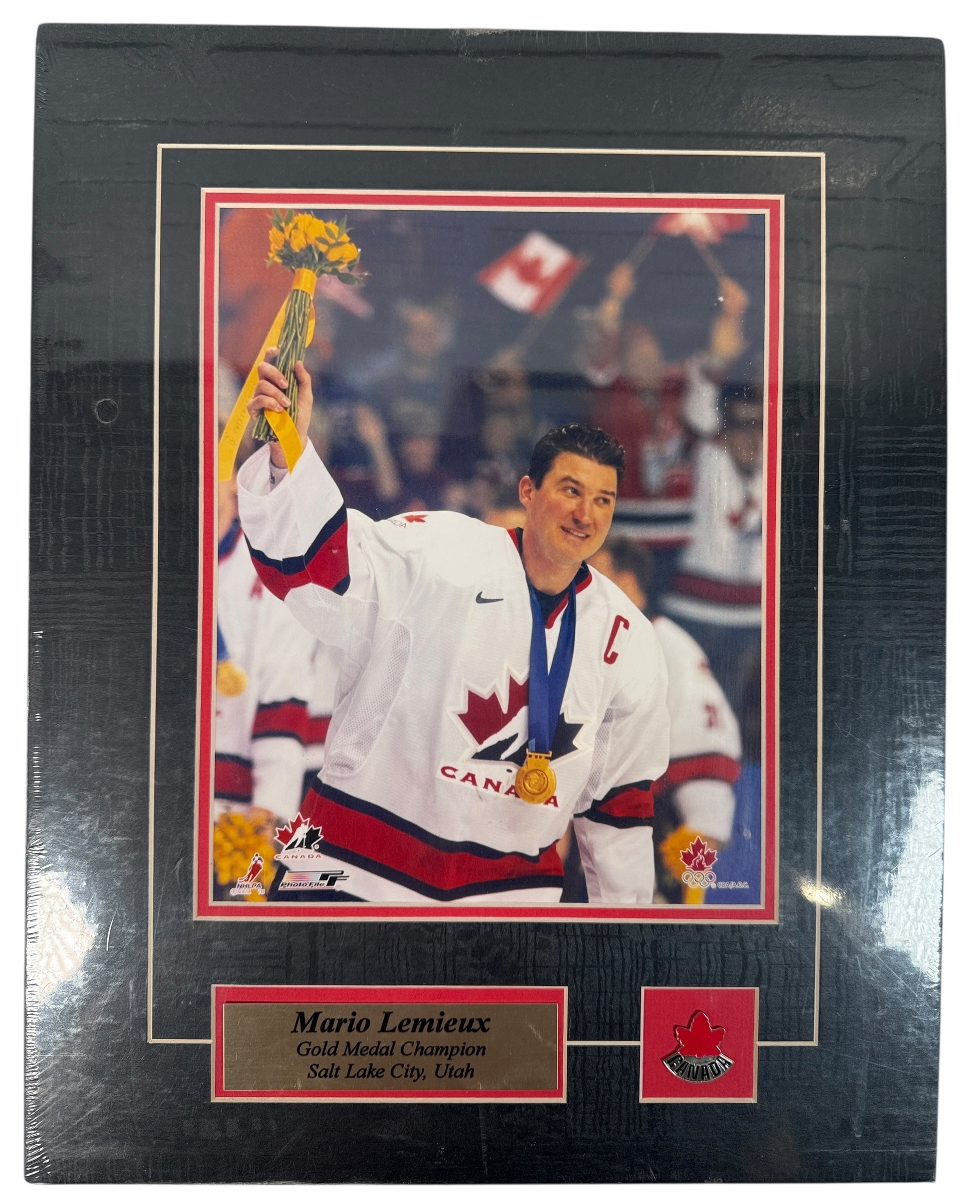 Factory-sealed Mario Lemieux PhotoFile plaque – Team Canada 2002 Olympic Gold Medal Champion, Salt Lake City. Official NHLPA collectible.