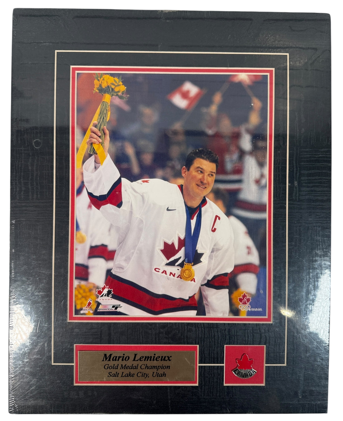 Factory-sealed Mario Lemieux PhotoFile plaque – Team Canada 2002 Olympic Gold Medal Champion, Salt Lake City. Official NHLPA collectible.