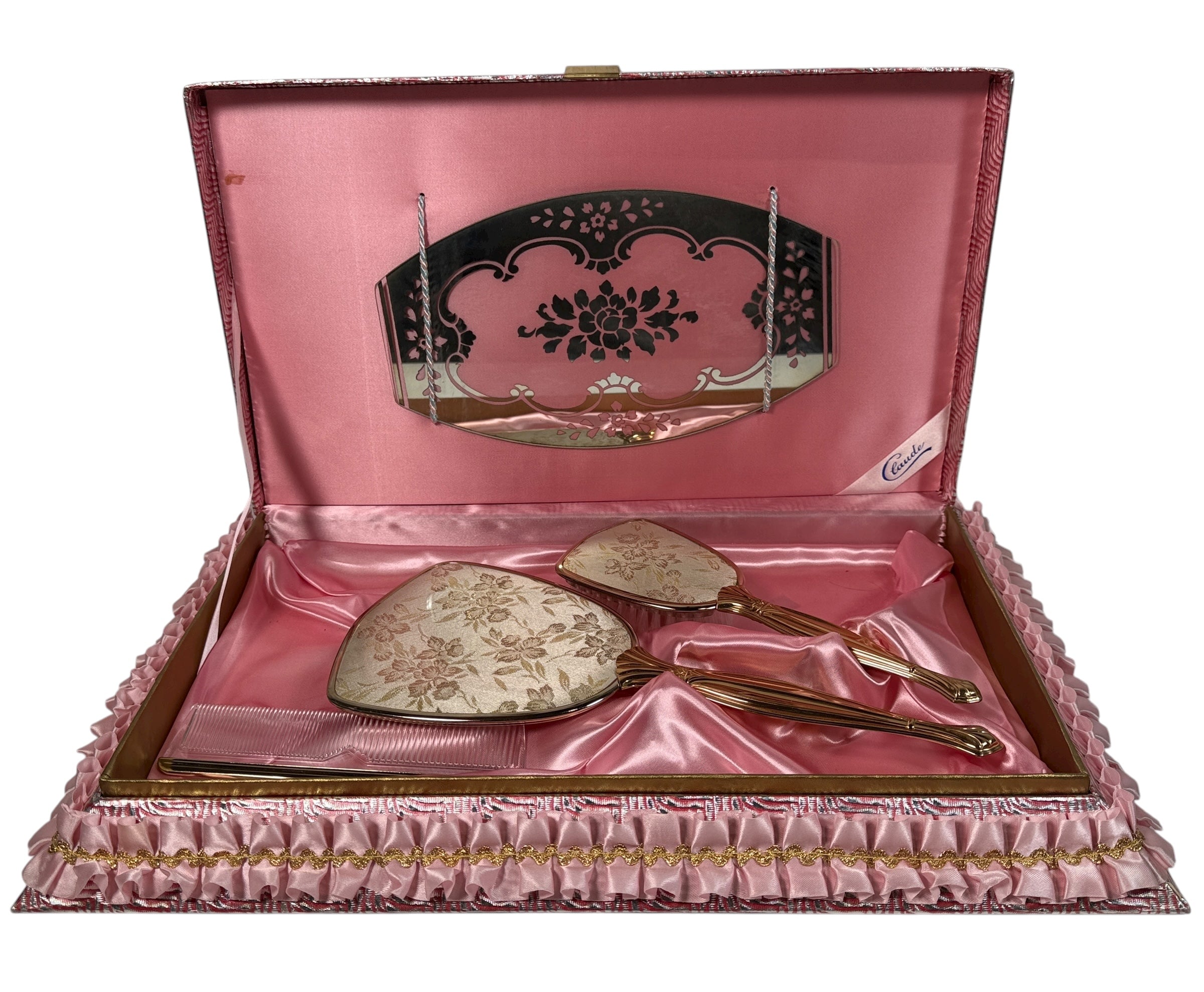 Vintage Claude vanity set with mirror, brush &amp; comb in original pink satin box. Elegant 1950s dressing table décor collectible.
