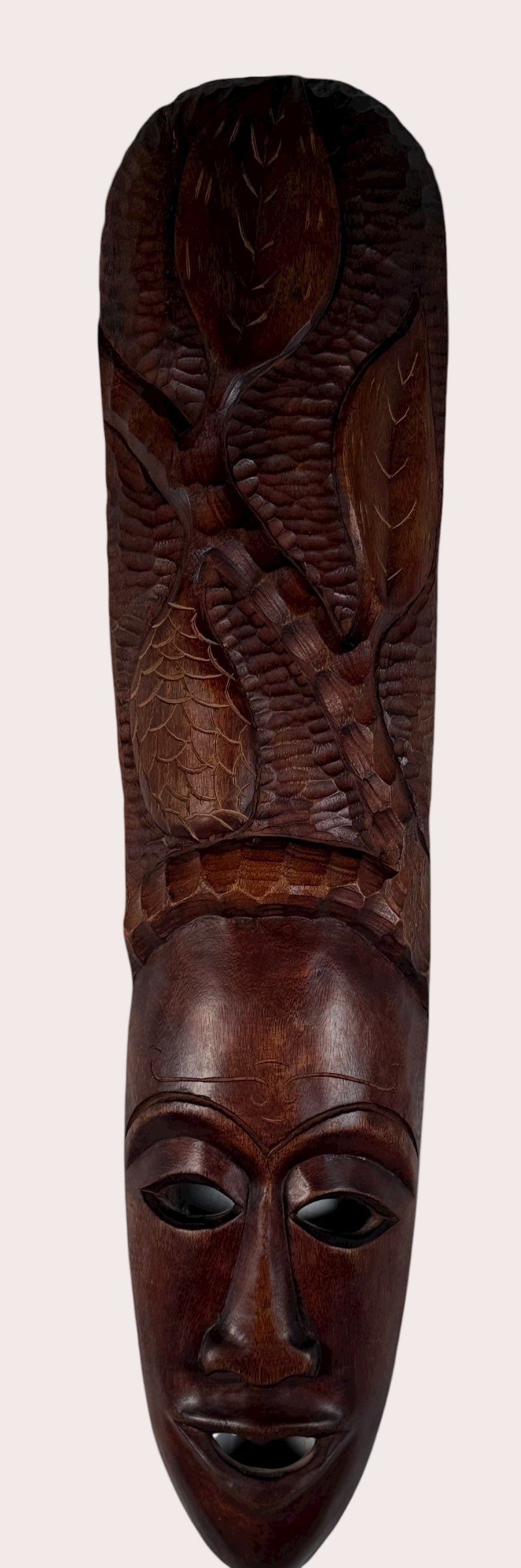 Vintage Hand-Carved 31” Wooden Tribal Mask – Serpent & Leaf Motif – African-Style Wall Art