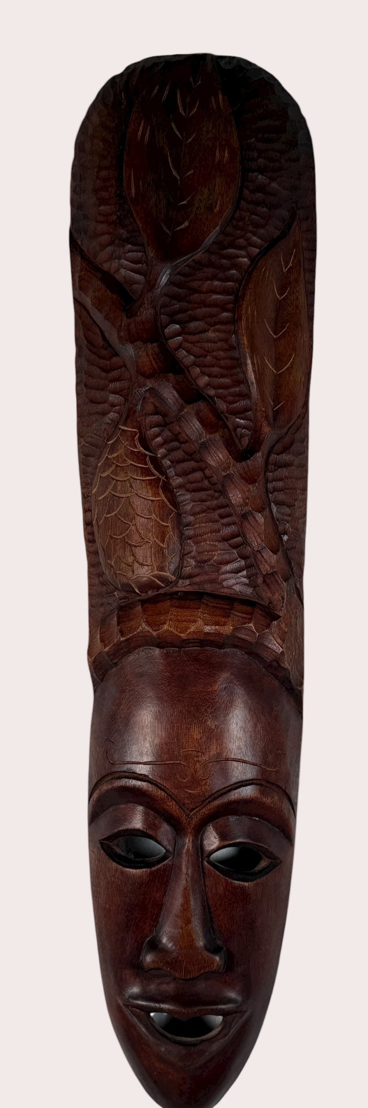 Vintage Hand-Carved 31” Wooden Tribal Mask – Serpent & Leaf Motif – African-Style Wall Art