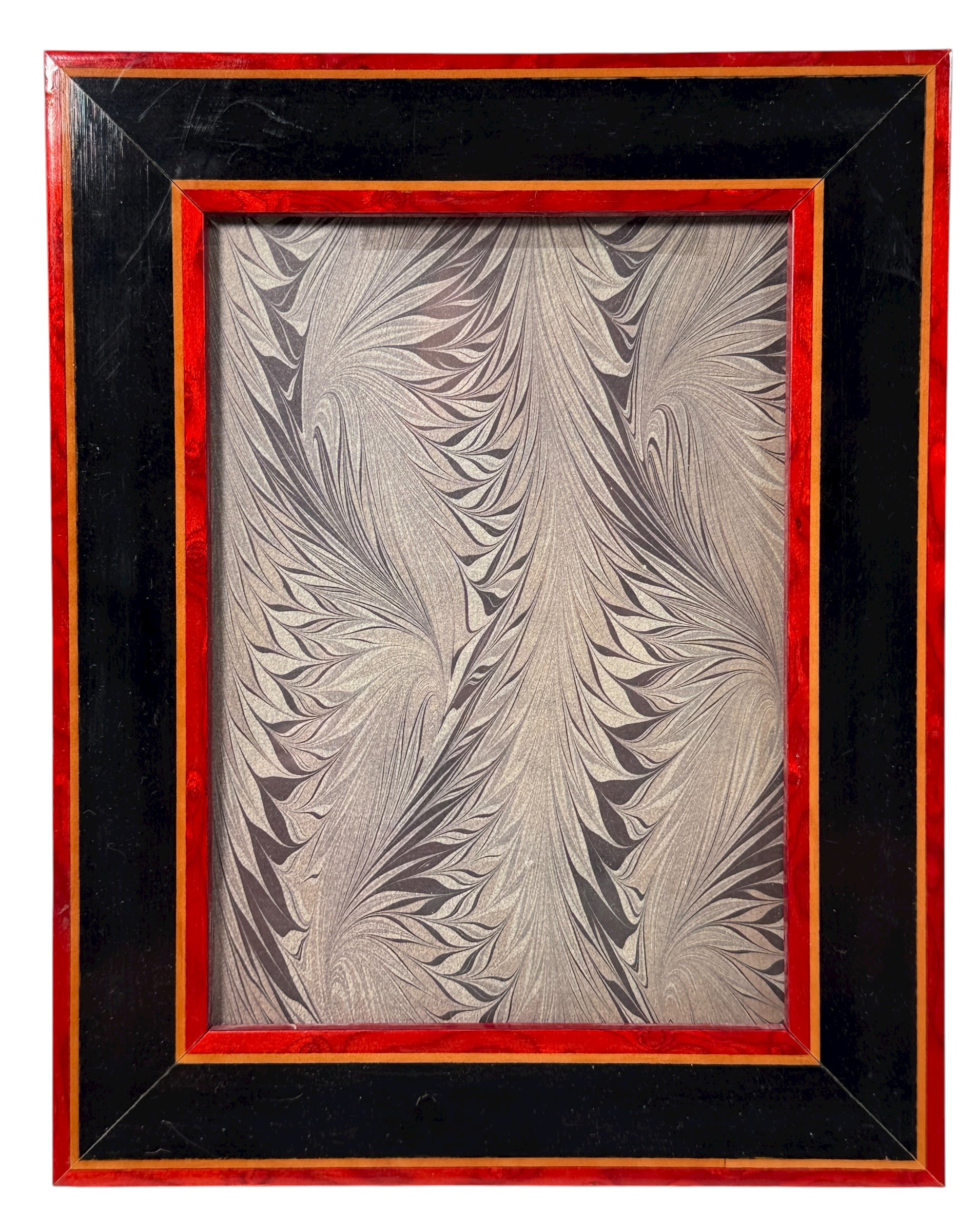 Vintage Dorvilliers Paris picture frame with red &amp; black wood inlay and gold trim. French-made mid-century décor collectible, elegant and refined.