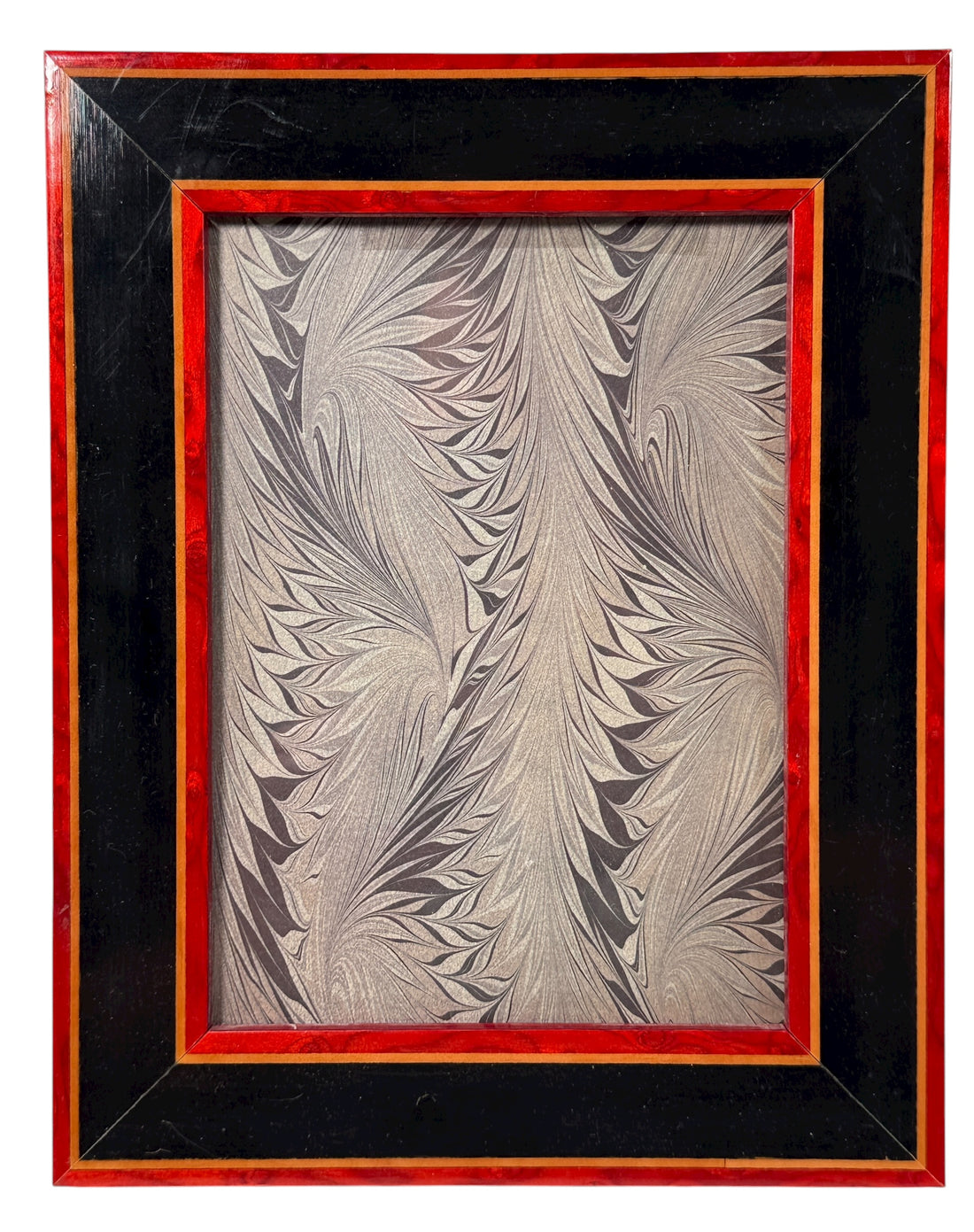 Vintage Dorvilliers Paris picture frame with red &amp; black wood inlay and gold trim. French-made mid-century décor collectible, elegant and refined.