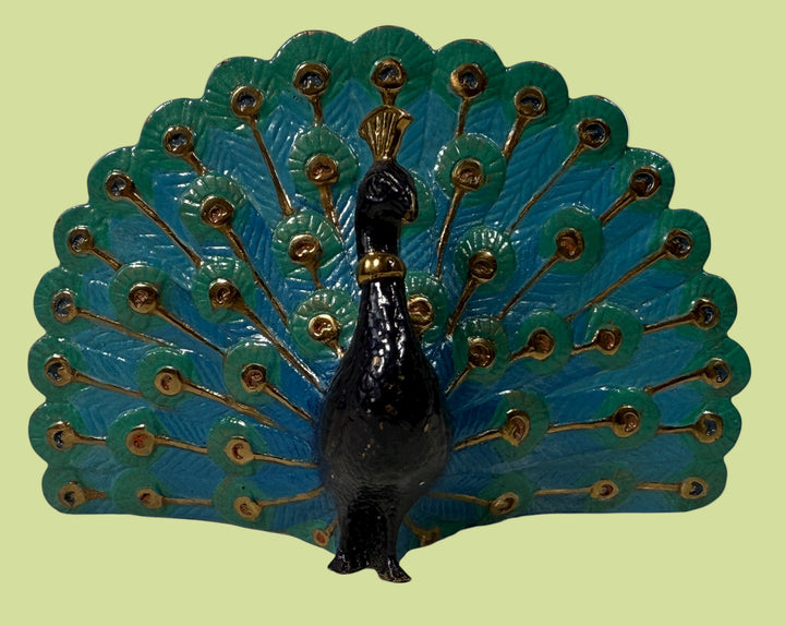 Limited edition hand-painted peacock figurine 173/500 in blue, green &amp; gold enamel. 5″ collectible metal sculpture, made in Japan, excellent condition.