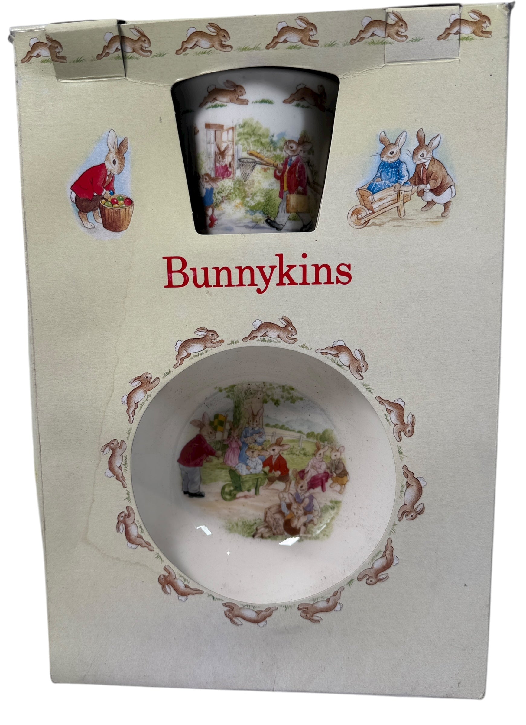 1989 Royal Doulton Bunnykins 3-piece children’s set made in England. Vintage boxed bone china with charming nursery scenes.