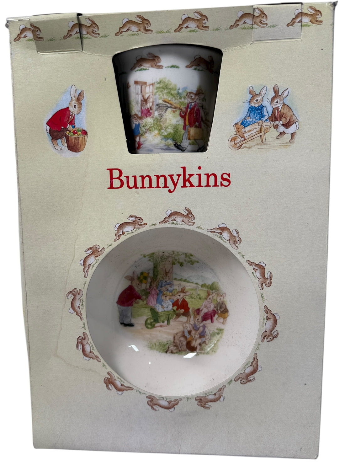 1989 Royal Doulton Bunnykins 3-piece children’s set made in England. Vintage boxed bone china with charming nursery scenes.