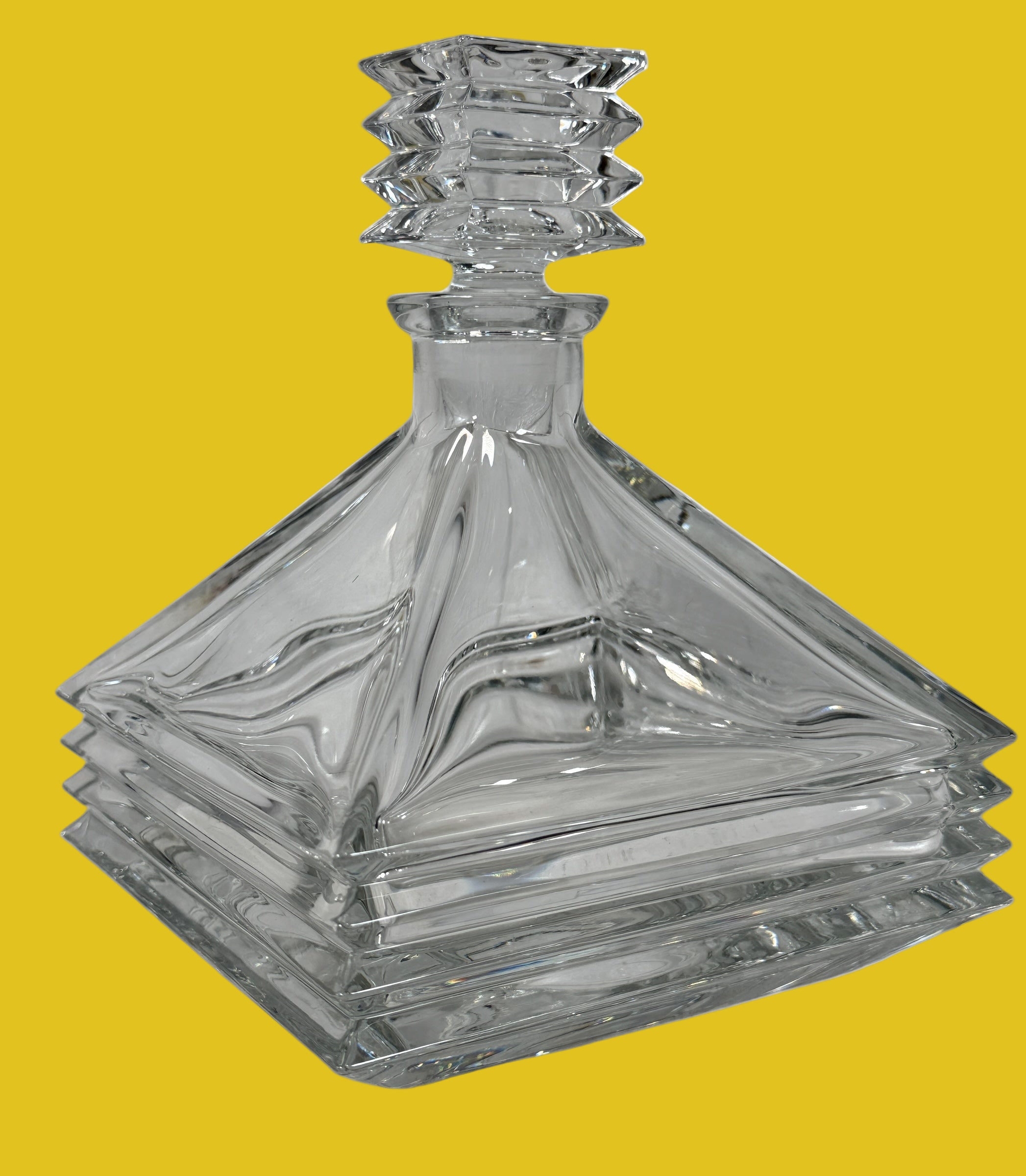 Vintage Mikasa crystal decanter, square pyramid design with stopper, 11¾ in, heavy lead crystal elegance for bar or display.