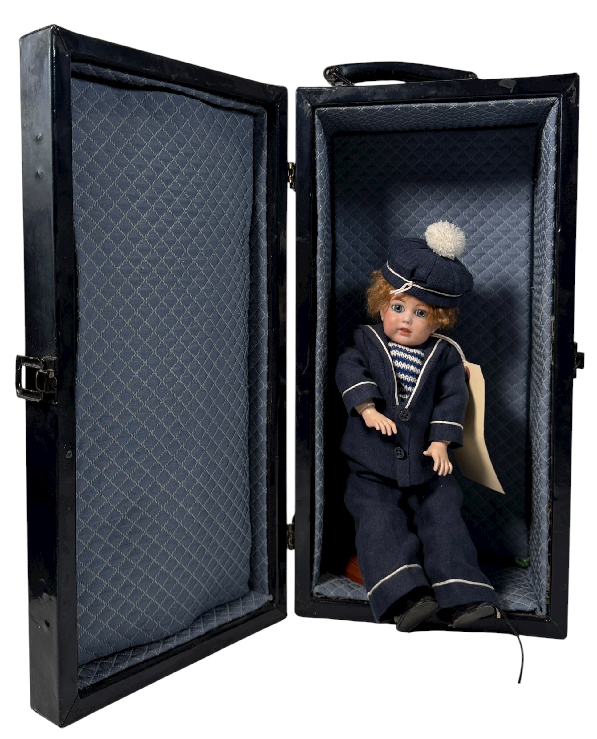 Antique bisque sailor boy doll marked “JLC”, 12″ tall, hand-knit outfit. Early 20th-century European collectible in very good condition – Eco Depot Montreal.