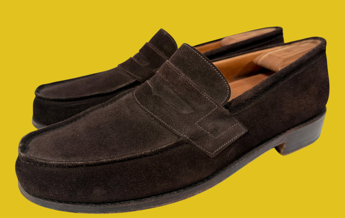 Vintage Joseph Malinge brown suede loafers, handmade in France. Elegant European craftsmanship in excellent condition, available from Eco Depot Montreal.