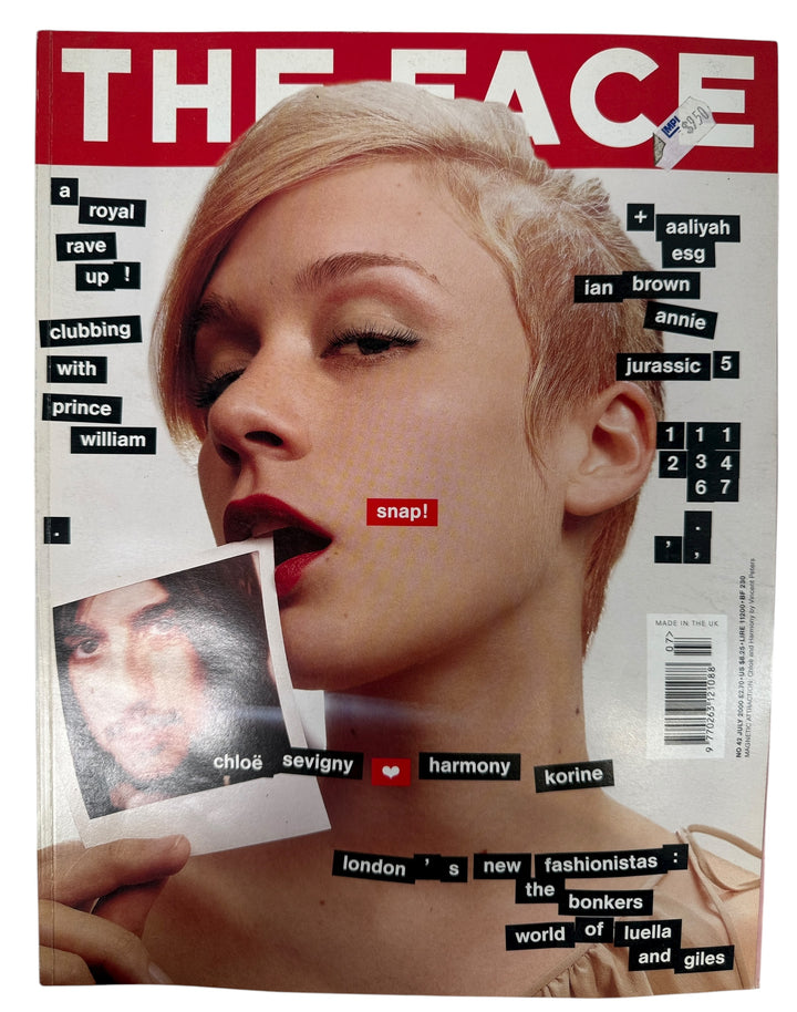 The Face July 2000 issue featuring Chloë Sevigny &amp; Harmony Korine. Iconic Y2K “Snap!” cover, Aaliyah, Prince William &amp; fashion by Luella Bartley.