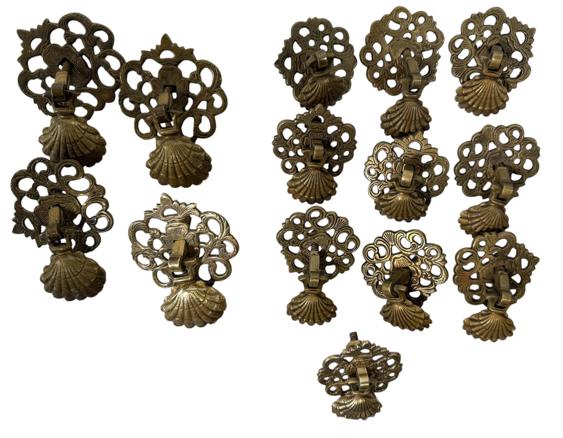 Vintage brass Chippendale drawer pulls set of 14, ornate shell drop handles for dresser or vanity restoration. Solid brass aged patina furniture hardware.
