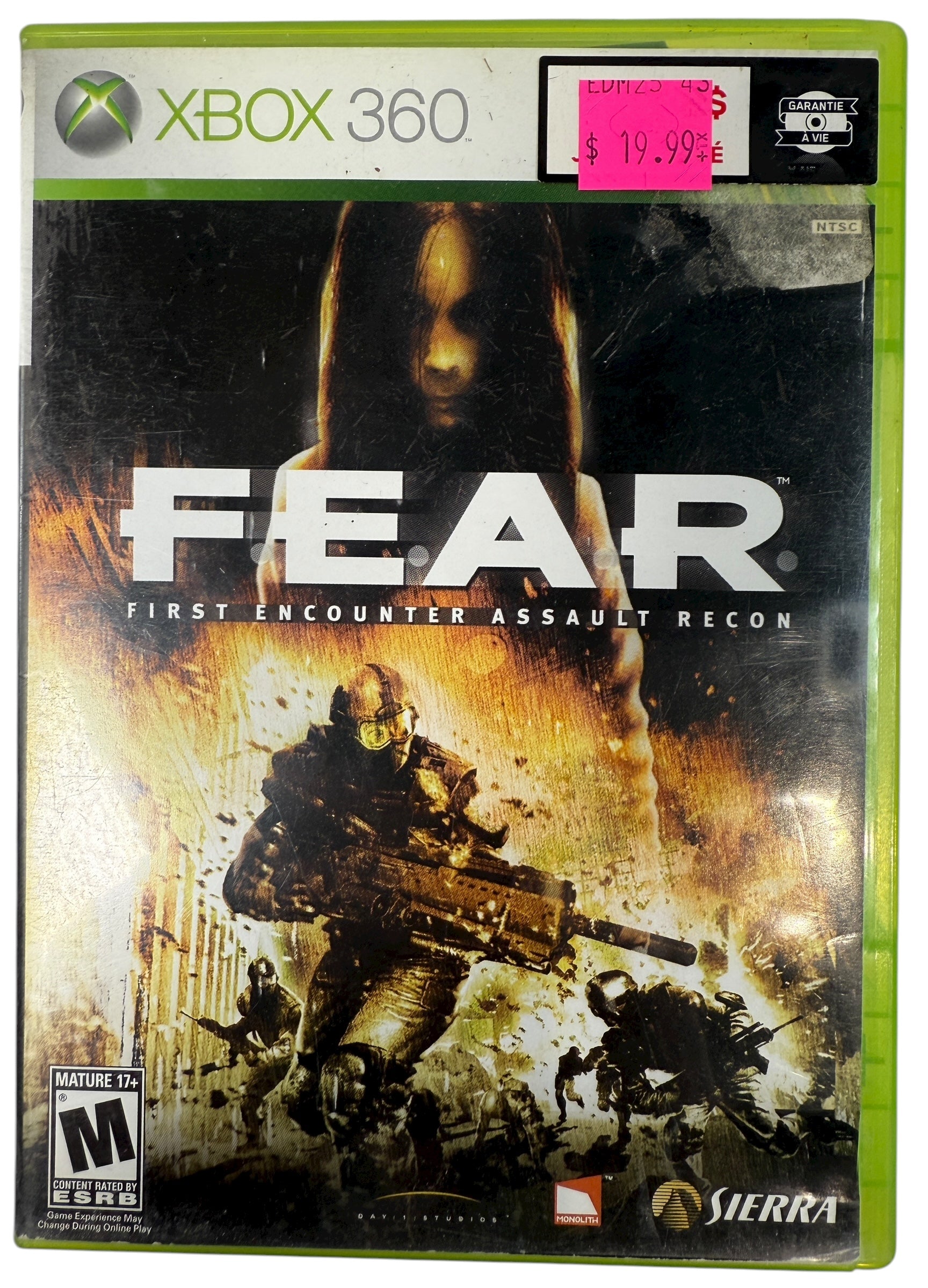 Xbox 360 game case for 'F.E.A.R. First Encounter Assault Recon' with Sierra logo