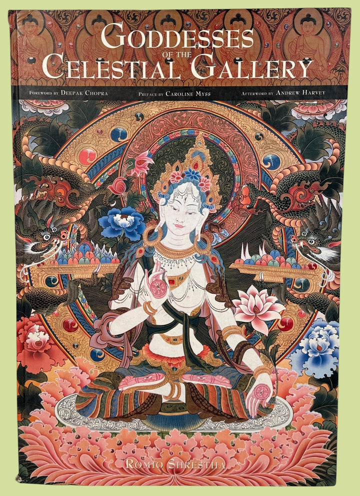 Oversized 2002 art book by Romio Shrestha featuring 42 goddess thangkas with Deepak Chopra foreword. Mandala Publishing. Stunning sacred art folio.