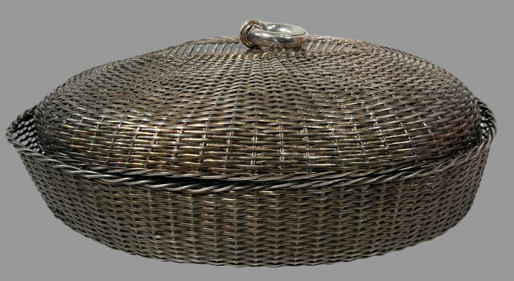 Vintage Israeli silver-plated woven bread basket with domed lid. Elegant mid-century Judaica serveware, ideal for bread or display.