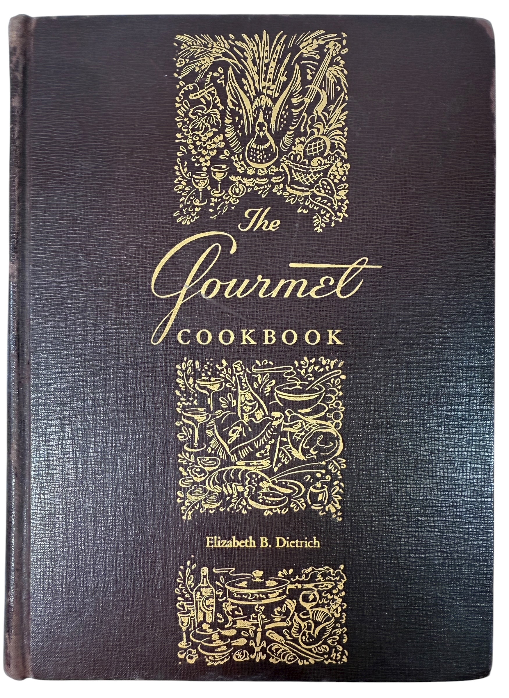 Vintage 1950 Gourmet Cookbook by Elizabeth B. Dietrich. Early edition from Gourmet Magazine with gilt cover and color plates. Classic mid-century collectible.