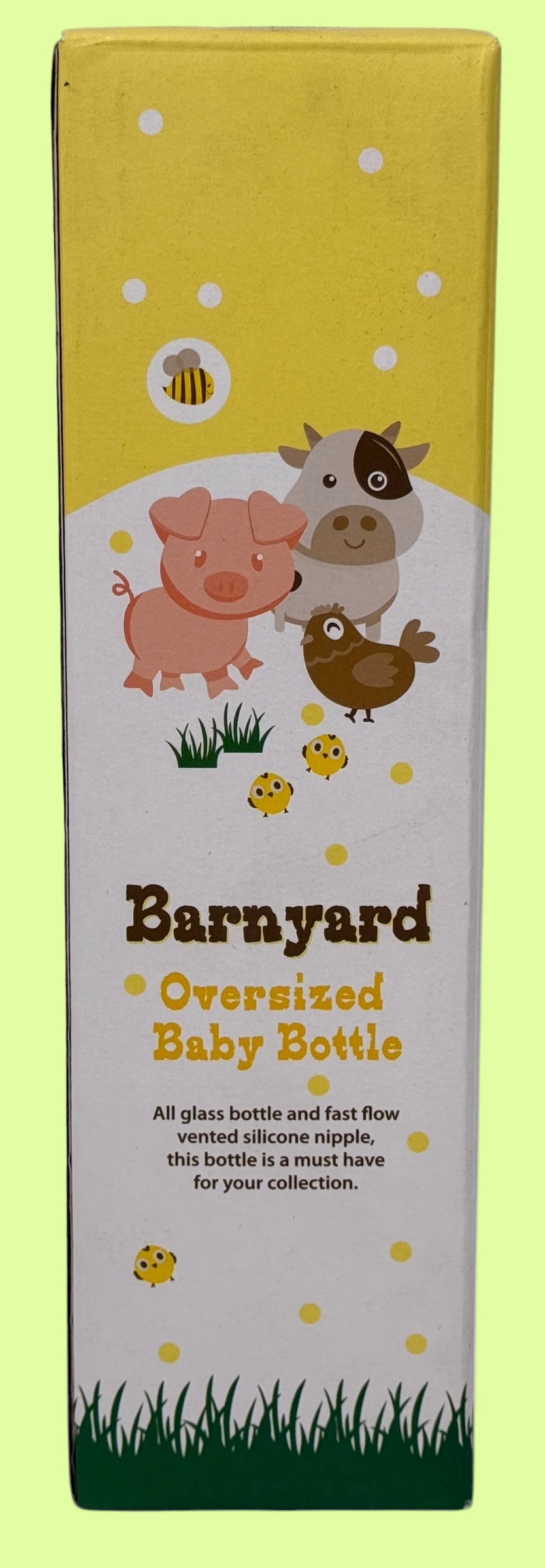 Rearz Barnyard oversized glass adult baby bottle, full-print barn animals, borosilicate glass, silicone nipple. Rare adult-sized collectible & display piece.