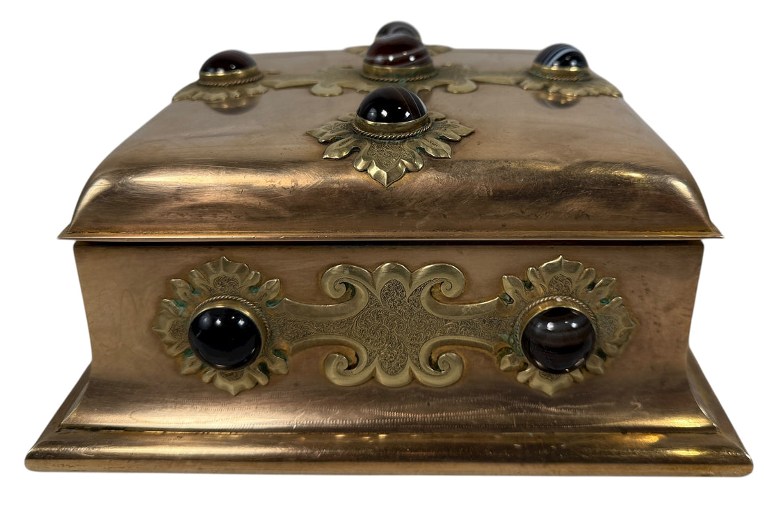 Vintage brass trinket box with agate cabochons and ornate domed lid. Purple lined interior, mid-century style décor piece for jewelry or keepsakes. Unique vintage find.