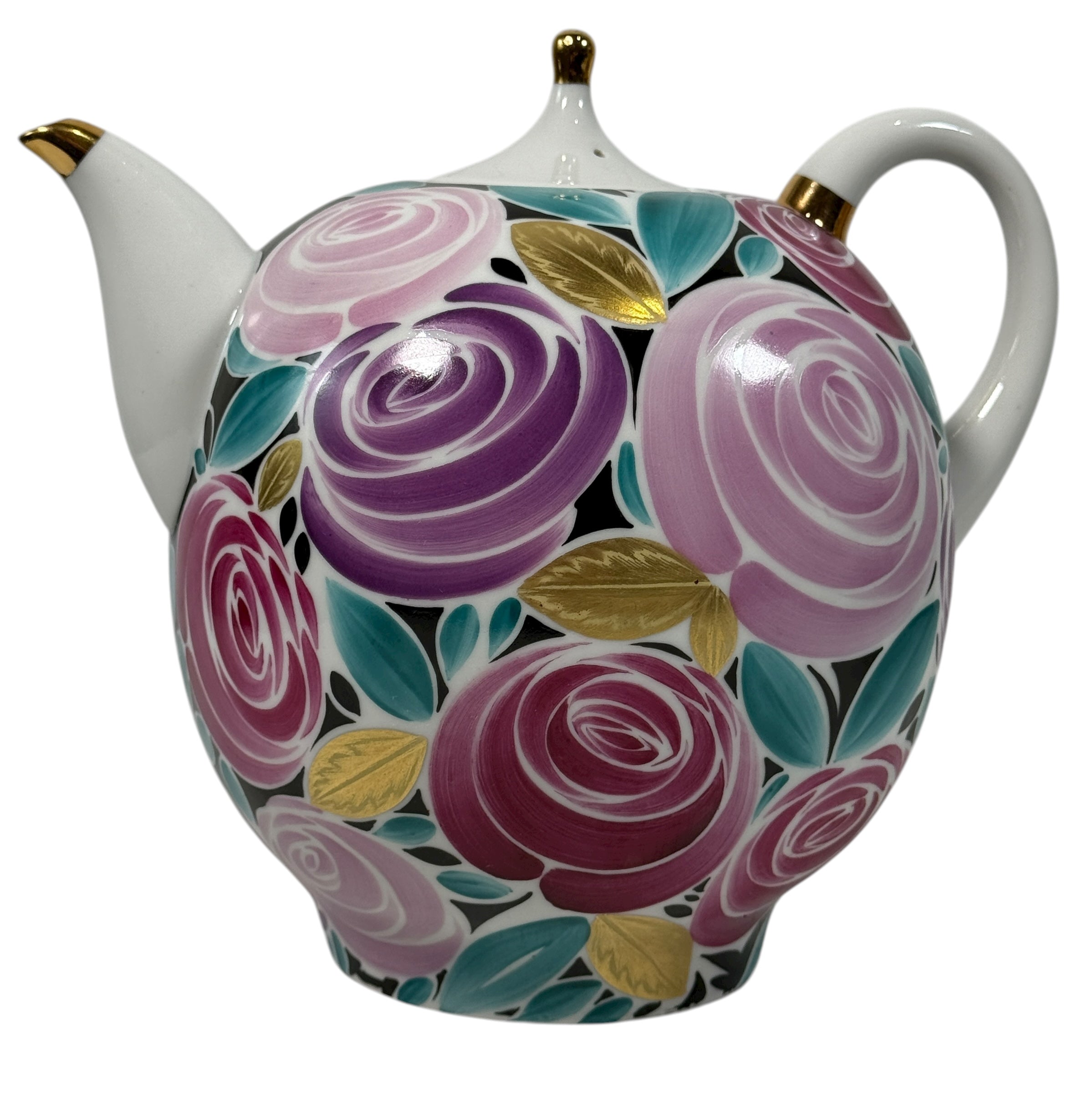 Vintage Lomonosov LFZ 1980s porcelain teapot with hand-painted roses and gold trim. Collectible Soviet-era floral design in excellent condition.