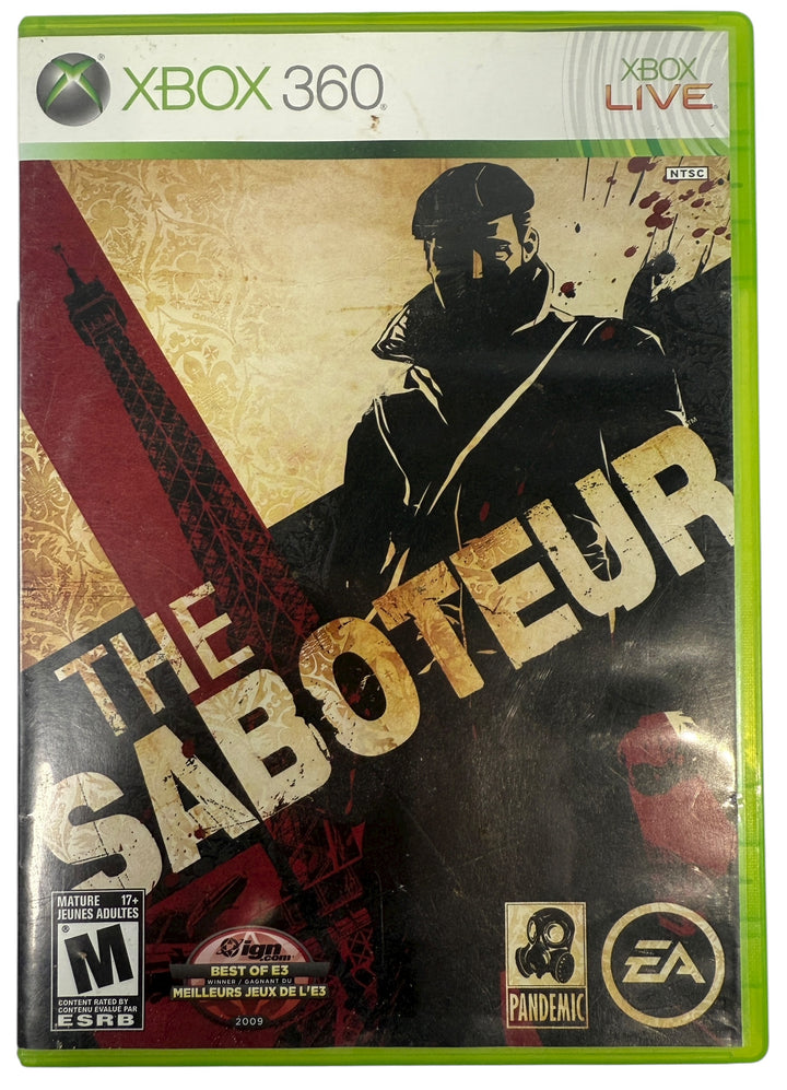 Game box for 'The Saboteur' on Xbox 360 with a stylized cover featuring a character in a mask.